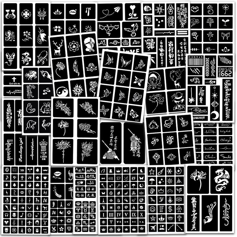 Aresvns 550+ PCS Temporary Tattoo Stencils with Body Painting Pen,24 Sheets Henna Tattoo Templates Reusable,Glitter Airbrush Tattoo Stencils,Body Art Template - Image 1